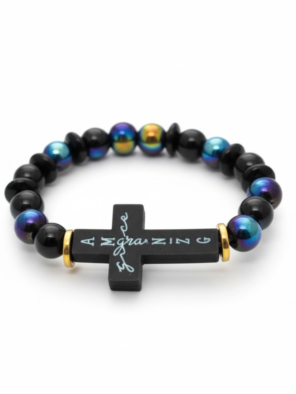 Handcrafted Cross Bead Stretch Bracelet with Black & Iridescent Beads